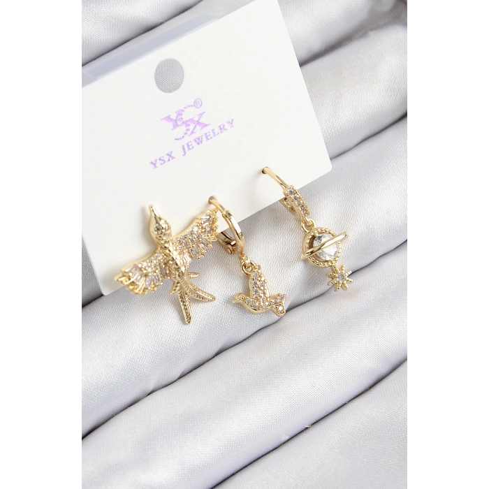 Pirinç Zirkon Taşlı 3lü Kuş Model Gold Renk Kadın Küpe