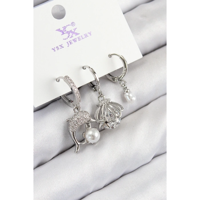 Pirinç Zirkon Taşlı 3lü Yunus Balığı Ve İstiridye Model Gümüş Renk Kadın Küpe