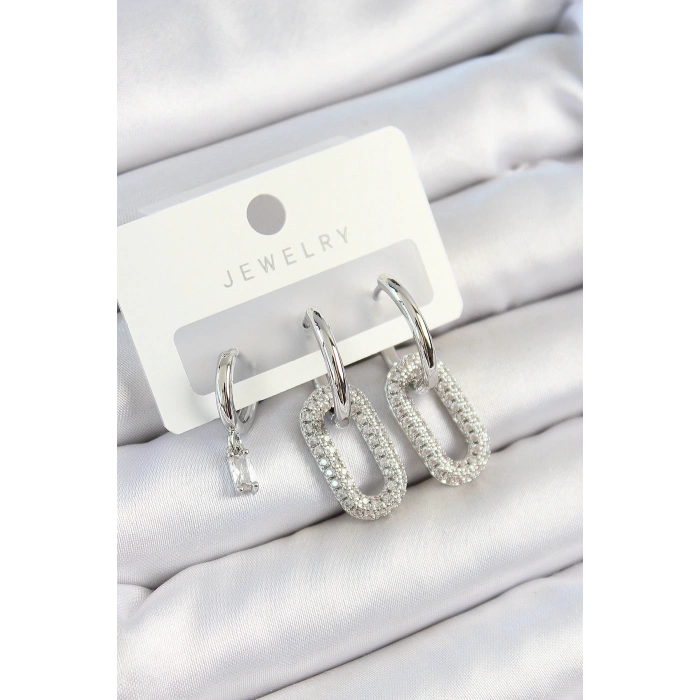 Pirinç Zirkon Taşlı Dikdörtgen Model Gümüş Renk 3lü Çift Kadın Küpe Set