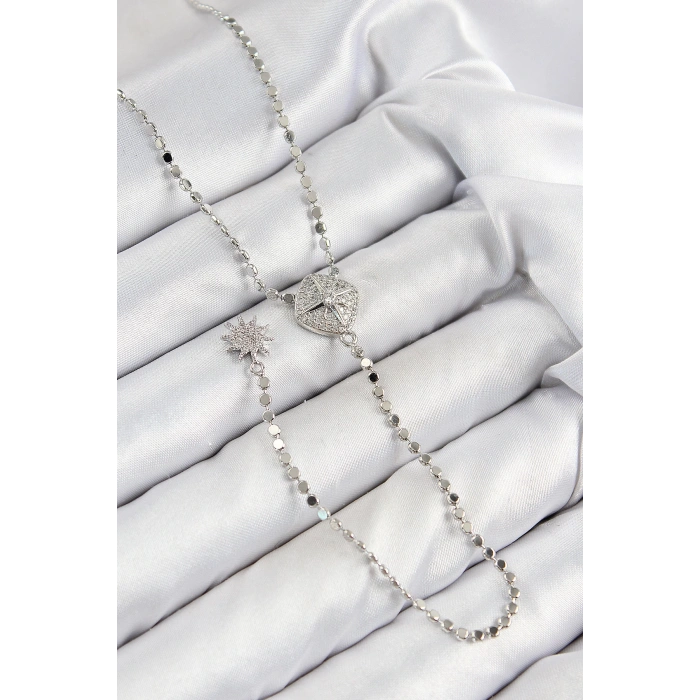 Pirinç Zirkon Taşlı Ezme Zincirli Madalyon Model Gümüş Renk Y Kolye