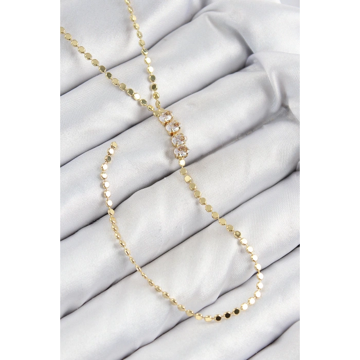 Pirinç Zirkon Taşlı Ezme Zincirli Model Gold Renk Y Kolye