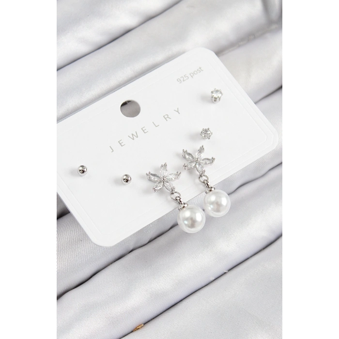 Pirinç Zirkon Taşlı İnci Sallantılı Çiçek Model Gümüş Renk 925 Ayar Gümüş Çivi Kadın Küpe Set