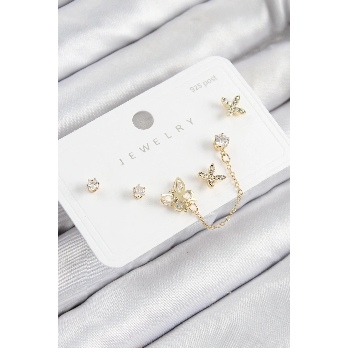 Pirinç Zirkon Taşlı Kelebek Model Gold Renk 925 Ayar Gümüş Çivi Kadın Küpe Set