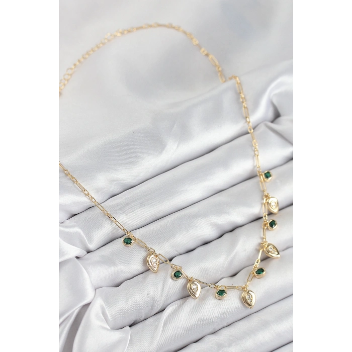 Pirinç Zirkon Taşlı Sallantılı Damla Model Gold Renk Kadın Kolye