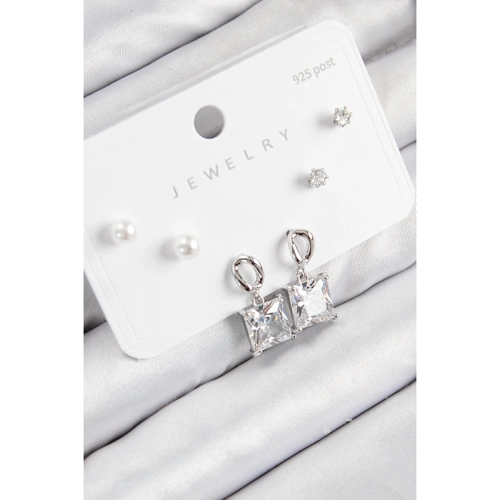 Pirinç Zirkon Taşlı Sallantılı Kare Model Gümüş Renk 925 Ayar Gümüş Çivi Kadın Küpe Set