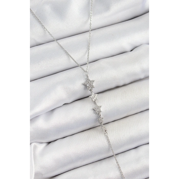 Pirinç Zirkon Taşlı Sıralı Yıldız Figürlü Y Model Gümüş Renk Kadın Kolye