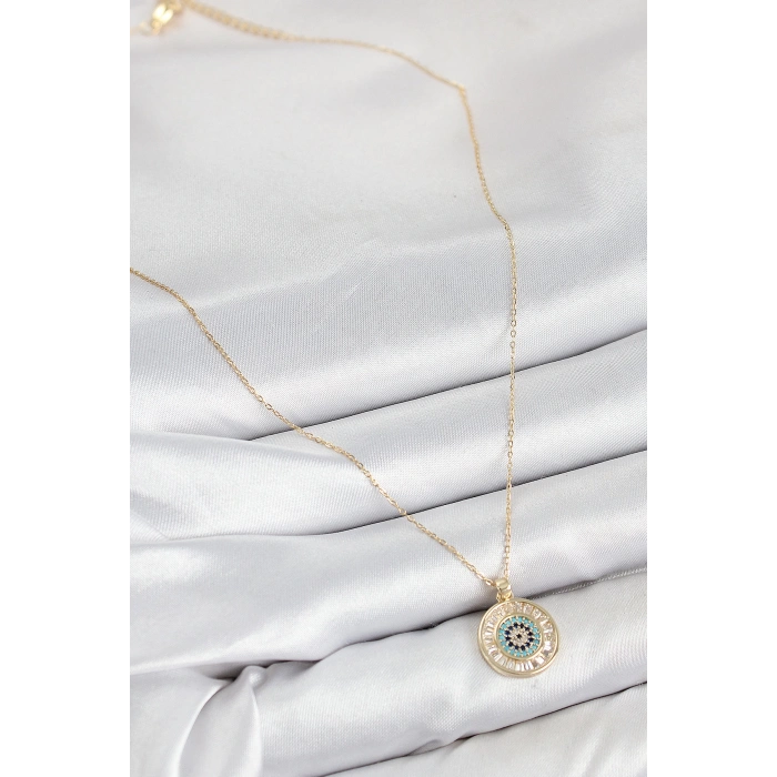 Pirinç Zirkon Taşlı Su Yolu Nazar Model Gold Renk Kadın Kolye