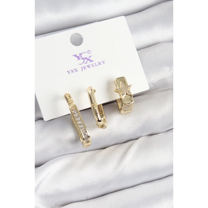Pirinç Zİrkon Taşlı Yıldız Model Gold Renk 3lü Kadın Küpe