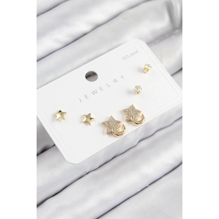 Pirinç Zirkon Taşlı Yıldız Model Gold Renk 925 Ayar Gümüş Çivi Kadın Küpe Set