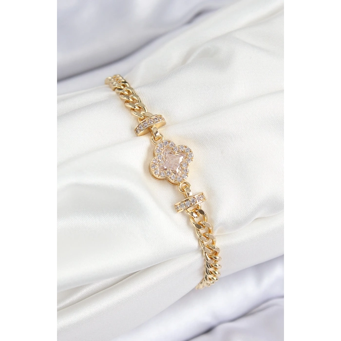 Pirinç Zirkon Taşlı Yonca Model Gold Renk Kadın Bileklik