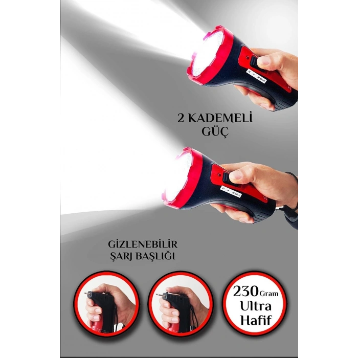 Şarjlı 10w Projektör Led El Fener 2 Mod Aydınlatmalı Uzun Menzil Güvenlik Bekçi Polis Feneri Işıldak