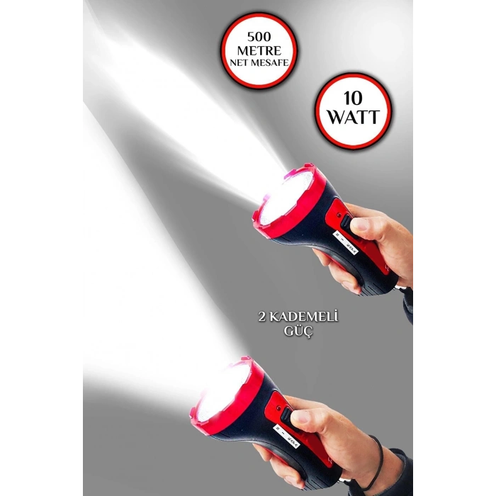 Şarjlı 10w Projektör Led El Fener 2 Mod Aydınlatmalı Uzun Menzil Güvenlik Bekçi Polis Feneri Işıldak