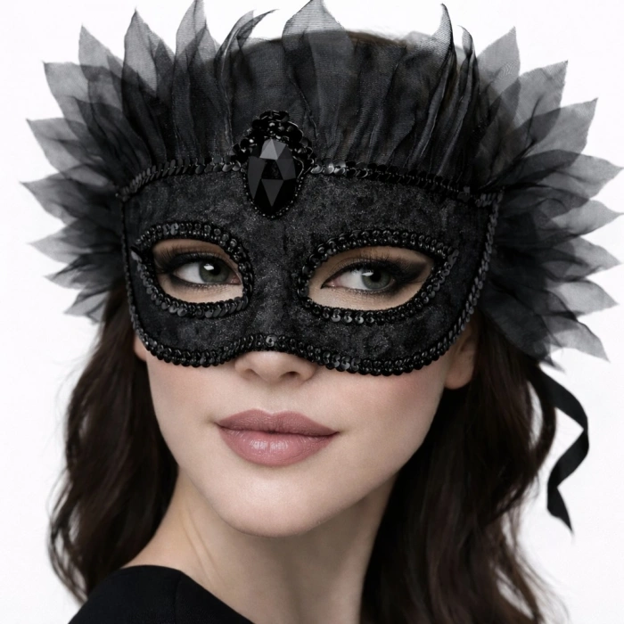 Siyah Taşlı Venedik Maskesi Lüks Tüllü Parti Maskesi