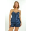 Lacivert Saten Babydoll Şortlu Takım - 259