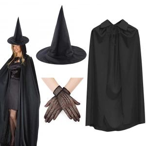 120 cm Siyah Yakalı Cadı Pelerini Cadı Şapkası ve 1 Çift Siyah Kısa File Tüm Eldiven Seti 3 Parça