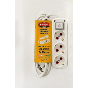 3 lü Topraklı Anahtarlı 5 Metre Kablolu Grup Priz