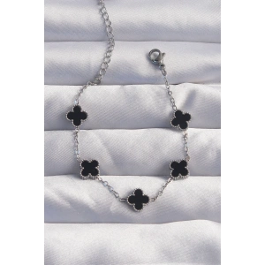 316L Çelik Baby Boy Gümüş Renk Siyah Mineli Yonca Bileklik