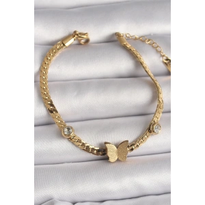 316L Çelik Gold Renk Yassı Zincir Zirkon Taşlı Simli Kelebek Figür Kadın Bileklik