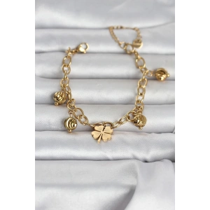 316L Çelik Gold Renk Yonca ve Dorikalı Kadın Bileklik