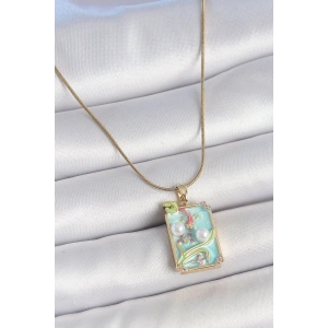 316L Çelik Gold Renk Zincir Mavi Mineli İncili Çiçek İşlemeli Portre Model Kadın Kolye