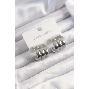 316L Çelik Gümüş Renk 3lü Görünüm Bombe Model Yarım Halka Küpe