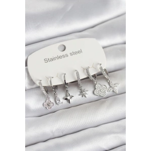 316L Çelik Gümüş Renk 6lı Set Yonca Model Kadın Küpe