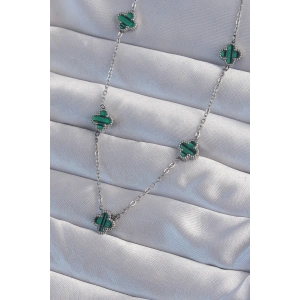 316L Çelik Gümüş Renk Minimal Yeşil Mineli Yonca Kolye