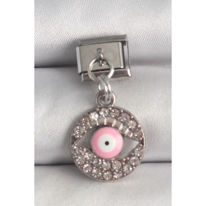 316L Çelik Gümüş Renk Sallantı Zirkon Taşlı Pembe Göz Model Nomination Charm