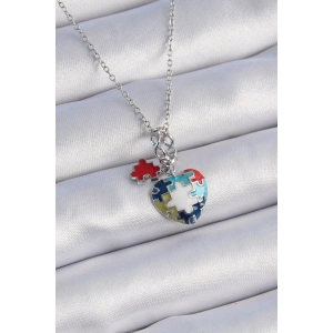 316L Çelik Gümüş Renk Yapboz Motif Kalp Figür Charm Model Kadın Kolye