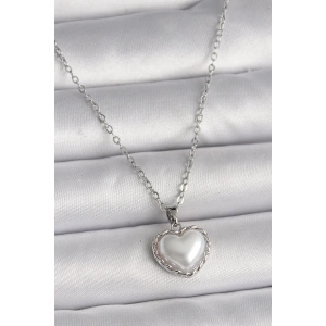 316L Çelik Gümüş Renk Zincir 3D İnci Kalp Model Kadın Kolye