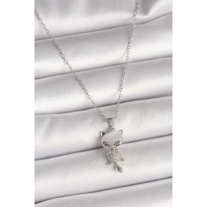 316L Çelik Gümüş Renk Zincir Zirkon Taşlı Kedi Model Kadın Kolye