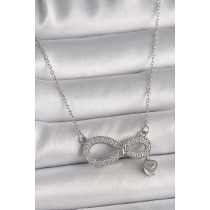 316L Çelik Gümüş Renk Zincir Zirkon Taşlı Sonsuzluk Model Taşlı Kalp Detay Kadın Kolye
