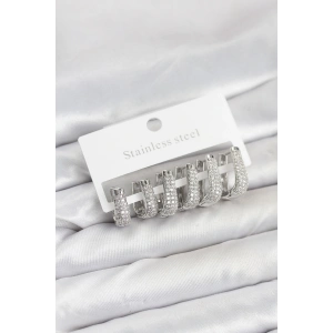 316L Çelik Gümüş Renk Zirkon Taşlı Damla Halka Küpe Seti