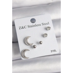 316L Çelik Gümüş Renk Zirkon Taşlı Hilal Model Kadın Küpe Seti