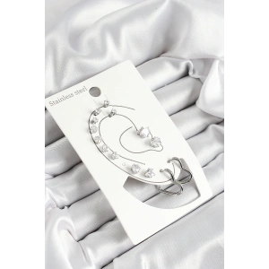 316L Çelik Kalp Figürlü Ve Zirkon Taşlı Gümüş Renk 7li Çift Kadın Küpe Set