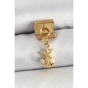 316L Çelik Sallantılı Zirkon Taşlı Deniz Yıldızı Ve İstiridye Model Gold Renk Nomination Charm