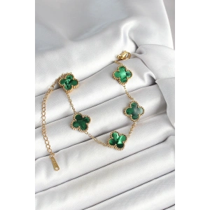 316L Çelik Sedefli Zümrüt Yeşil Gold Renk Yonca Kadın Bileklik