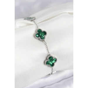 316L Çelik Sedefli Zümrüt Yeşil Gümüş Renk Yonca Kadın Bileklik