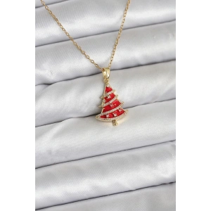 316L Çelik Zincir Gold Renk Kırmızı Çam Ağacı Model Yılbaşı Temalı Kadın Kolye