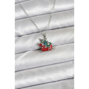 316L Çelik Zincir Gümüş Renk Kızak ve Çam Ağacı Figürlü Yılbaşı Temalı Kadın Kolye