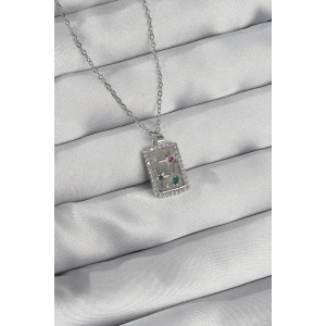 316L Çelik Zincir Gümüş Renk Renkli Zirkon Taşlı Vintage Kolye