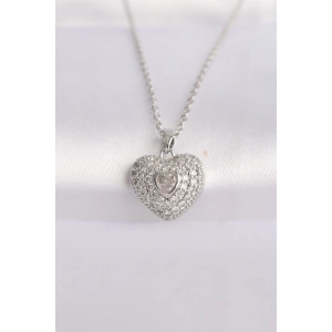 316L Çelik Zincir Gümüş Renk Zirkon Taşlı Kalp Kolye