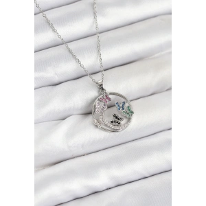 316L Çelik Zincir Gümüş Renk Zirkon Taşlı Kelebekli Kadın Kolye