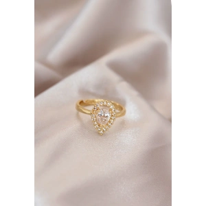 Ayarlamalı Gold Renk Metal Zirkon Taşlı Damla Model Yüzük