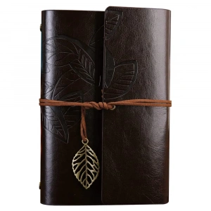 Büyük Yaprak Desenli Deri Defter Koyu Kahverengi