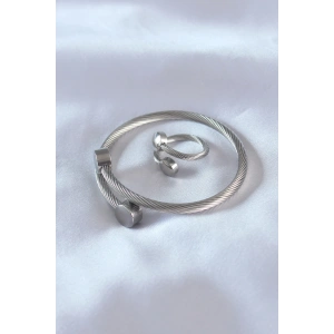 Çelik Gümüş Renk Sıkı Burgu Model Erkek Bileklik Yüzük Seti