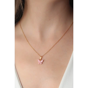 Gold Pembe Renk Kelebek Figür Kadın Kolye