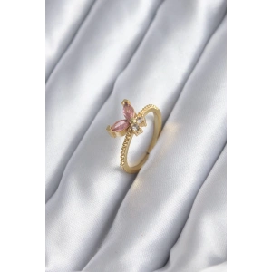 Gold Renk Pembe Zirkon Taşlı Kelebek Model Kadın Yüzük