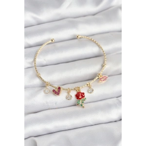 Gül Charmlı Gold Renk Pirinç Kadın Bileklik