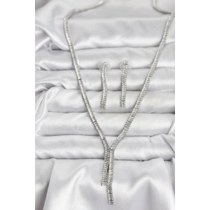 Gümüş Renk Baget Zirkon Taşlı Kadın Kolye Küpe Set